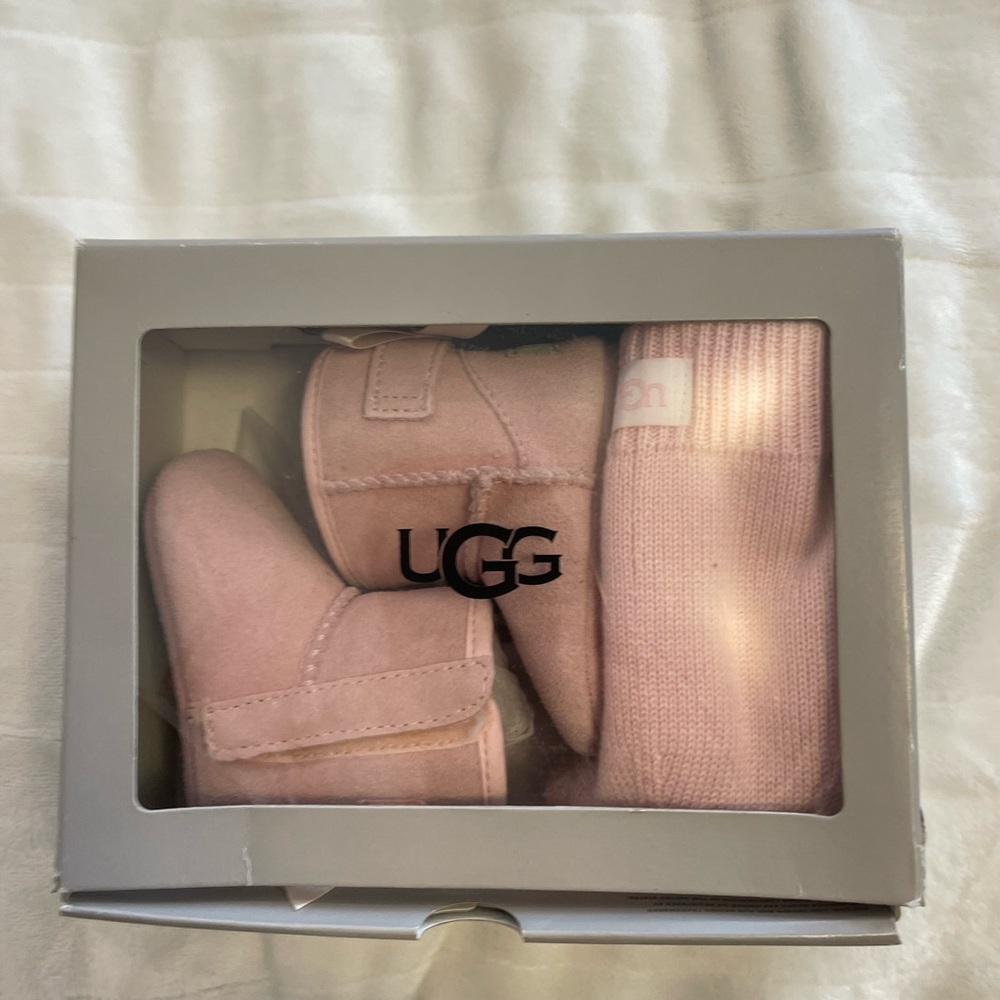 UGG Soft Pink Infant Booties and hat Set